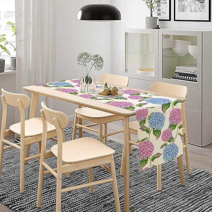 Spring Hydrangea Flower Table Runner, Seasonal Summer Plants Watercolor Pink Purple Florals Dinner Runner for Home Kitchen Dining Table Party Holiday Decoration 13"x120"