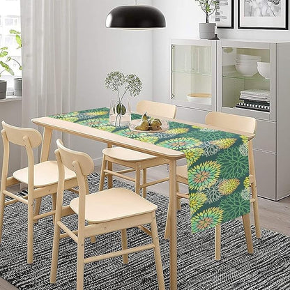 Green Dahlia Flower Table Runner, Linen Geometric Pattern Floral Table Decor Spring Farmhouse Decorations for Kitchen Dining Holiday Party Decor, 13x90 Inch
