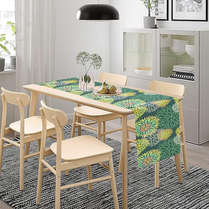 Green Dahlia Flower Table Runner, Linen Geometric Pattern Floral Table Decor Spring Farmhouse Decorations for Kitchen Dining Holiday Party Decor, 13x70 Inch