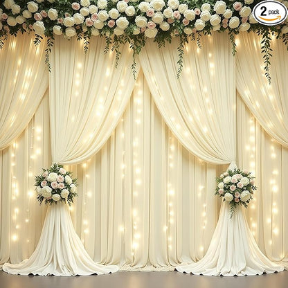 Beige Backdrop Curtains with Lights String for Parties,10x10FT Wrinkle Free Polyester Wedding Photo Backdrop Curtains for Baby Shower Birthday Ceremony Reception Home Party Decorations