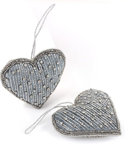 Set of 6 Beaded Heart Ornaments - Rustic Hanging Love Decorations, Farmhouse Wall Decor, Romantic Gifts for Her, Him, or Couples - Handmade Valentine’s Day & Mother’s Day Decor (Grey) - CLEENTABLE