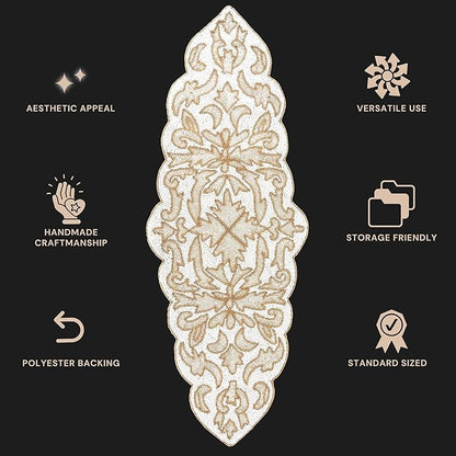 Beaded Table Runner 13 x 36 Inches - Elegant Dining Table Centerpiece with Glass Beads & Polyester Back, Handmade Decorative Runner for Weddings, Parties & Holiday Décor (White & Gold) - CLEENTABLE