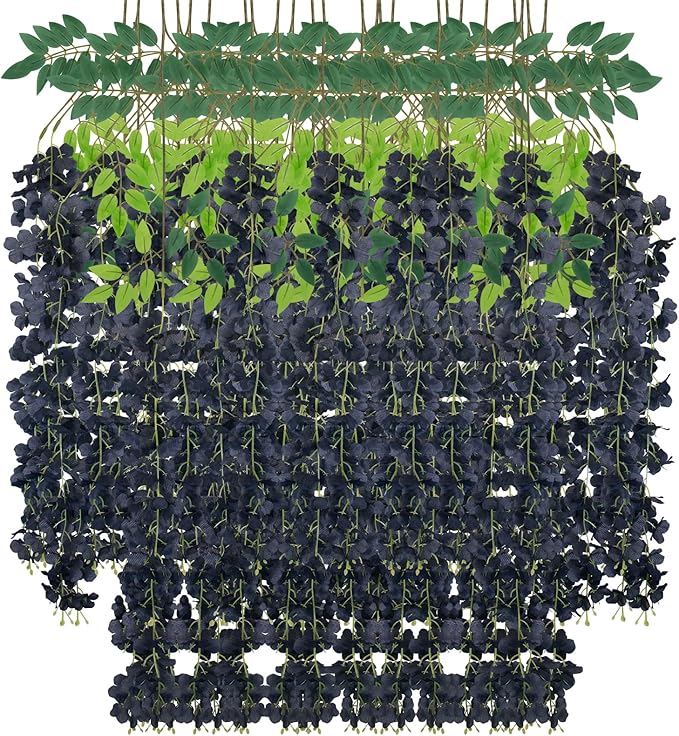24 Pack Artificial Wisteria Flower Fake Silk Flowers String Vine Ratta Hanging Garland for Home Garden Party Wedding Backdrop Arch Decor (Black)