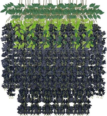 24 Pack Artificial Wisteria Flower Fake Silk Flowers String Vine Ratta Hanging Garland for Home Garden Party Wedding Backdrop Arch Decor (Black)