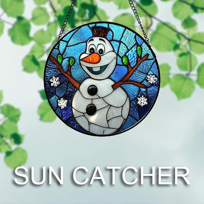 Stained Glass Window Hanging Christmas Funny Snowman 15" - Suncatcher Door Garden Blue White Snowflakes Sun Catcher New Year Birthday for Friend Mom Men Woman Nana