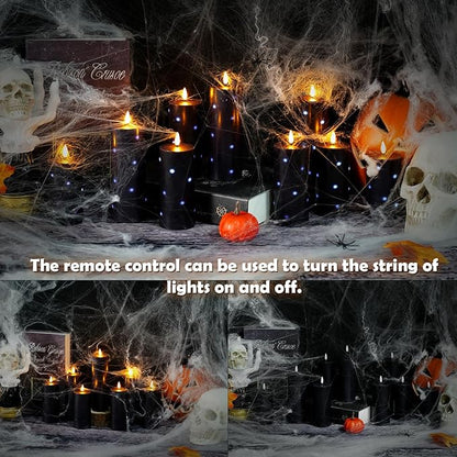 Flickering Flameless Candles,Battery Operated Real Wax LED Pillar Candles with Remote Control and Timer,with Embedded Star String,Set of 9 (Black)