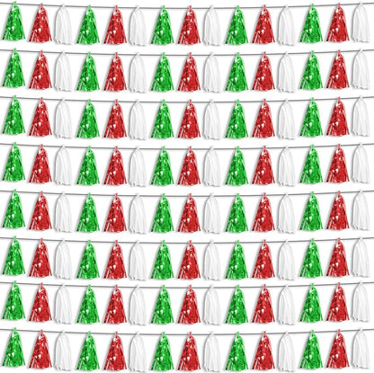 8P Red Green White Foil Fringe Metallic Tassel Streamers Banner Tassel Garland for Parade Floats, Graduation, Wedding, Birthday, Halloween, Christmas, Mexican Italian Birthday Party Decorations