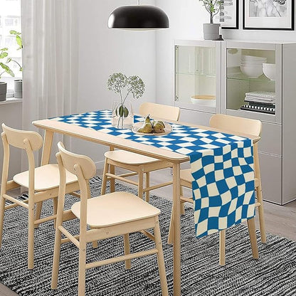 Table Flag Retro Plaid 60s70s Blue Plaid Table Flag Kitchen Restaurant Decoration Suitable for Indoor and Outdoor Festival Home Wedding Party Table Flag 13x36