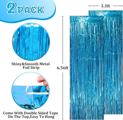2 Pack Retro Blue Foil Fringe Backdrop Curtains, Tinsel Streamers Party Decorations, Fringe Backdrop, Door Shimmer for Retro Theme Party