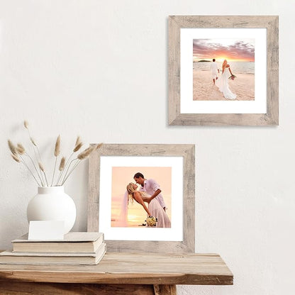 8x8 Picture Frames Set of 4 with High Definition Real Glass, Smoke Gray Frame Display 6x6 Pictures with Mat or 8 x 8 Without Mat, Wood Square Photo Frame for Wall Mount and Tabletop Display