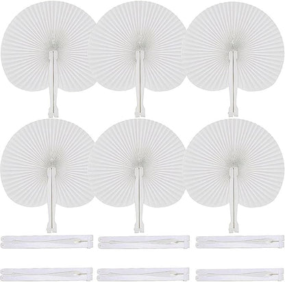 12 Pcs White Round Paper Folding Fans,Decorative Wedding Foldable Hand Handheld Fans Chinese and Japanese Fan Bulk for Bridal Guest Church Party Favors Dancing Birthday DIY