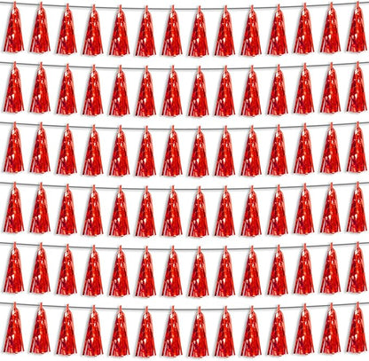 6P Red Foil Fringe Metallic Tassel Streamers Banner Tassel Garland for Parade Floats, Bachelorette, Wedding, Birthday, Graduation, Christmas, Bridal/Baby Shower Party Decorations