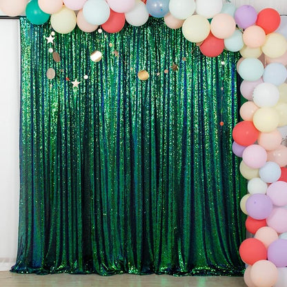 ShiDianYi Iridescent Green Sequin Backdrops for Photograph Backdrop 4FTx10FT 2 Panels Birthday Background Glitter Curtains Green Blue Curtain Sequin Fabric Christamas Decor