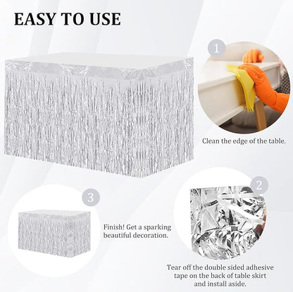 4 Pack 29.5x108 Inch Metallic Foil Fringe Tinsel Table Skirts, Streamer Garland Curtains Backdrop for Rectangle Tables Wedding Birthday Parade Floats Christmas Party Decoration(Silver)