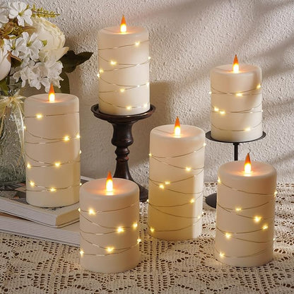 Upinmz 6 Pack Flickering Flameless Candles with String Lights,Unbreakable Acrylic Battery Operated Candle with Remote Control and Timer - Ivory White