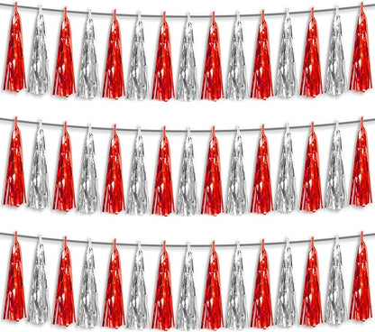 3P Red Silver Foil Fringe Metallic Tassel Streamers Banner Tassel Garland for Parade Floats, Bachelorette, Wedding, Birthday, Halloween, Christmas, Bridal/Baby Shower Party Decorations