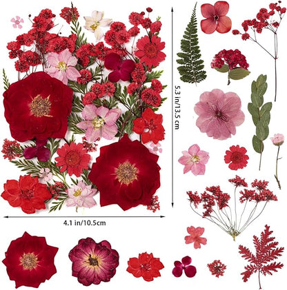 101 PCS Red Dried Pressed Flowers for Christmas Crafts Resin, Red Real Nature Flowers Bulk for DIY Holiday Cake Card Scrapbook Supplies, Large Dried Flowers for Soap Candle Making