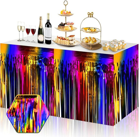 3 Pack 29x108 Inch Rainbow Foil Fringe Table Skirts Metallic Banner for Tinsel Streamer Garland Backdrop for Parade Floats Wedding Thanksgiving Birthday Christmas Halloween Party Decoration