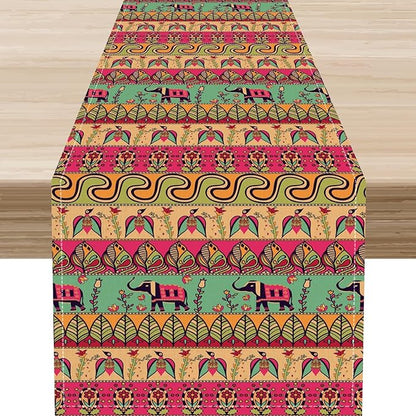 Boho Table Runner, Indian Bohemian Elephant Mandala Paisley Floral Hippie Art Print Table Center Decor for Home Kitchen Dining Patio Holiday Party Indoor Outdoor Table Decorations, 13"x36" Inch