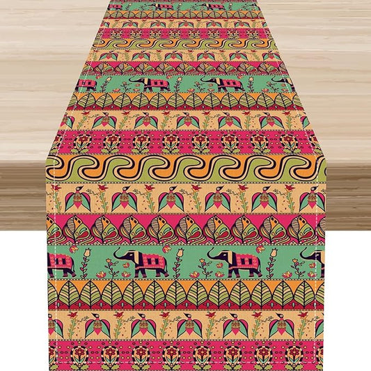 Boho Table Runner, Indian Bohemian Elephant Mandala Paisley Floral Hippie Art Print Table Center Decor for Home Kitchen Dining Patio Holiday Party Indoor Outdoor Table Decorations, 13"x90" Inch
