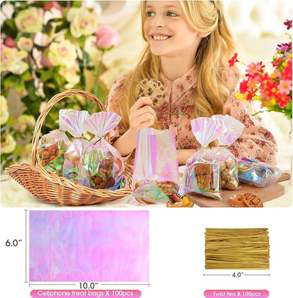 SUREHOME Cellophane Bags, 100 Pcs 6x10 Inches Clear Treat Bags with Ties Plastic Gift Bag Holographic Iridescent Pink Goodie Bag for Party Favors Wedding Candy Valentine Snack Popcorn Cookies Packing