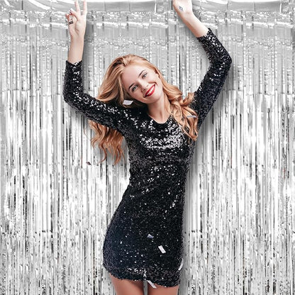 2 Pack Silver Tinsel Foil Fringe Curtains, Silver Party Decorations, Metallic Tinsel Party Streamers Backdrop for Birthday Baby Shower Graduation Wedding Bachelorette Party Decorations