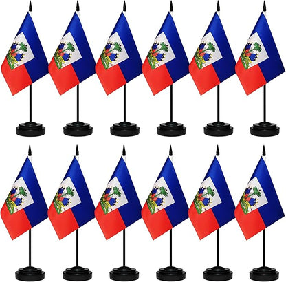 12 Pack Haiti Desk Flags Set, Haitian Small Mini Table Office Flags With 12" Solid Black Pole, Black Base and Spear Top, Miniature Desktop Flag, Home Decoration, Office Decoration, Festival