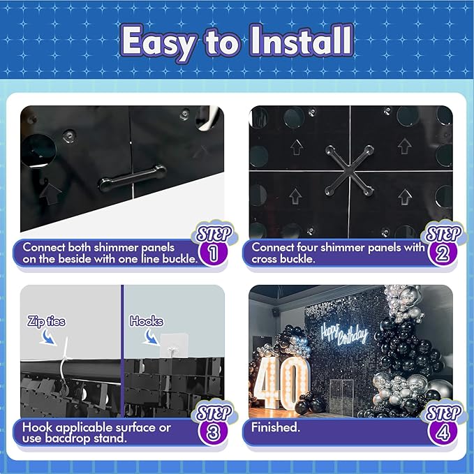 Qcity Silver Shimmer Wall Backdrop 48PCS, Black Back Not See-Through Design, Square Sequin Glitter Backdrop Panel, Perfect for Outdoor Events, Birthdays, Wedding and Party Decoration