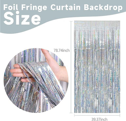 2 Pack Silver Glitter Backdrop Party Decorations Tinsel Streamers Foil Fringe Curtains Shimmer Wall Backdrop Christmas Birthday Bachelorette Party Wedding Decor Supplies
