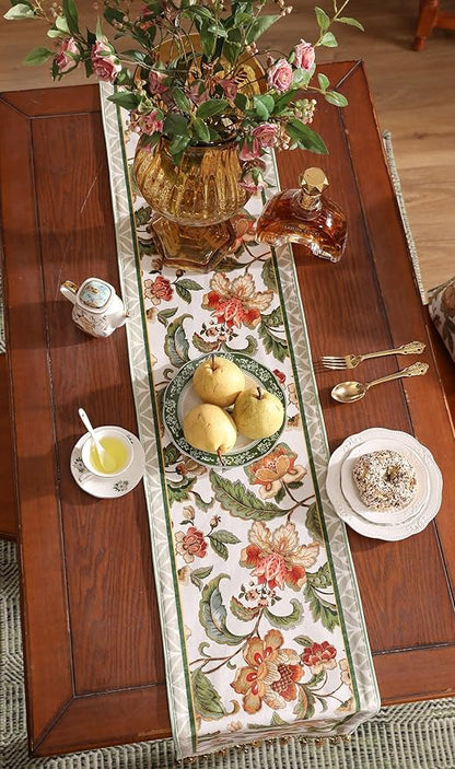 patdrea Designer Elegant French Floral Velvet Table Runner, Fresh Green with Orange Blossoms Pattern Table Mat, Decoration for Kitchen Dining Coffee Table Cabinet Banquet Thanksgiving,12"*71"