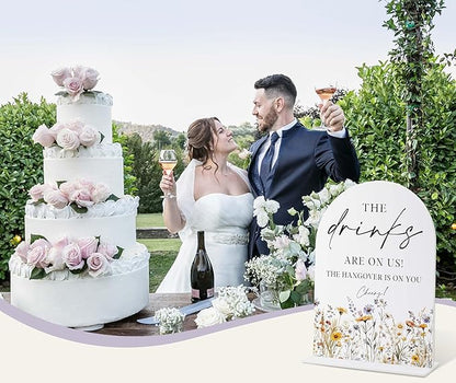 Wedding Signs for Ceremony and Reception, Boho Floral Acrylic Drinks are on Us Hangover is on You Sign, Wedding Signage with Stand, Bridal Shower Table Centerpieces, Supplies for Engagement Party, 35