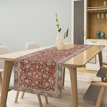 Boho Bohemia Style Table Runner, Vintage Red Blue Retro Flower Rustic Country Style Floral Print Pattern for Home Kitchen Table Decor Dining Coffee Room Garden Party Decor 13x90in