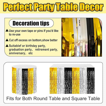 3 Pack 29 x108 Inch Black Gold Silver Foil Fringe Table Skirts Metallic Banner for Tinsel Streamer Garland Backdrop for Parade Floats Wedding Thanksgiving Birthday Christmas Halloween Party Decoration