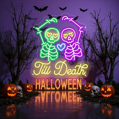 Skull Till Death Neon Sign, Halloween Wall Sign, Horror Decor Wall Skull Neon Sign for Wedding Engagement Party Bridal Shower Decor Til Death Do Us Party Valentines Day Gifts