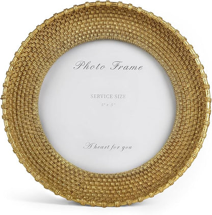 Cuspin Vintage Gold 5x5 Picture Frame, Gold Metal Rattan Textured Hand-Crafted Photo Frame with Glass Front Antique Picture Frame for Tabletop Display & Wall Display, Retro Design Home Decor