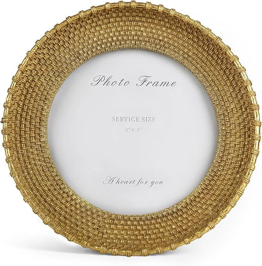 Cuspin Vintage Gold 5x5 Picture Frame, Gold Metal Rattan Textured Hand-Crafted Photo Frame with Glass Front Antique Picture Frame for Tabletop Display & Wall Display, Retro Design Home Decor