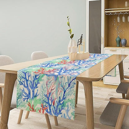 Summer Shell Starfish Table Runner, Seasonal Spring Summer Tropical Ocean Beach Indoor Party Kitchen Outdoor Table Decor 13x36 Inch