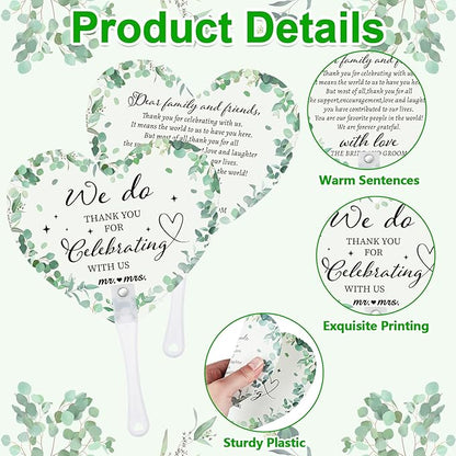 60Pcs Wedding Fan Gifts for Guests Greenery Handheld Fan with 1 Wedding Table Sign, Greenery Wedding Favors Thank You Fans for Guests Hostess Gifts Plastic Handheld Heart Shape Fan Green Leaf Pattern