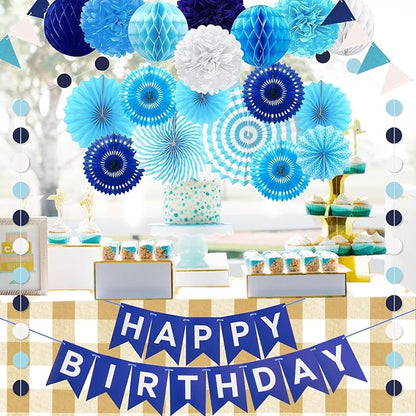 Navy Blue Birthday Party Decoration, 24Pcs Hanging Paper Fans, Pom Poms Flowers, Garland String Polka Dot, Happy birthday Banner and Triangle Bunting Flag Packs for Birthday Parties,and Baby Shower