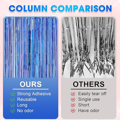 2 Pack Blue Foil Fringe Backdrop Curtains, Tinsel Streamers Party Decorations, Fringe Backdrop for Graduation, Disco Party