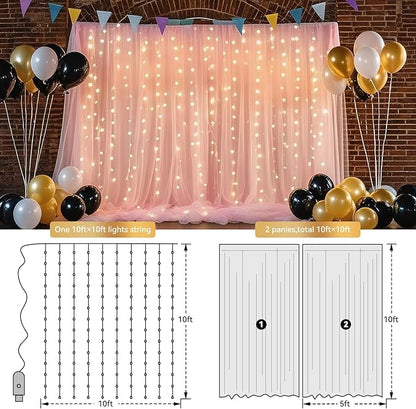 10×8ft Tulle Backdrop Curtains with Lights String - 300LED Fairy Lights Sheer Curtain Backdrop for Weddings Baby Shower and Birthday Party Decorations(6 Panels 5×8ft)