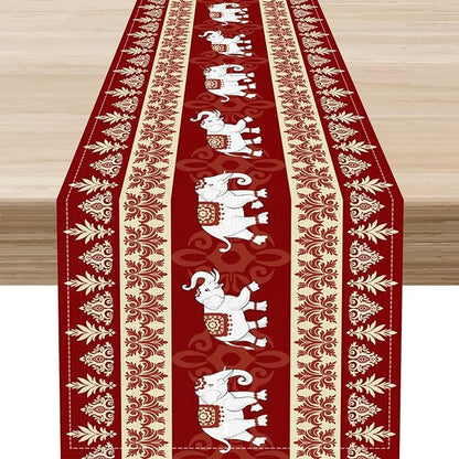 Boho Elephant Table Runner, Vintage Tribal Traditional African Animals Ethnic Folk Red Table Center Decor for Home Kitchen Dining Patio Holiday Party Indoor Outdoor Table Decorations, 13"x108" Inch