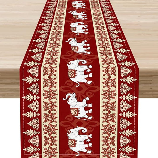 Boho Elephant Table Runner, Vintage Tribal Traditional African Animals Ethnic Folk Red Table Center Decor for Home Kitchen Dining Patio Holiday Party Indoor Outdoor Table Decorations, 13"x72" Inch