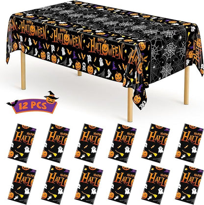 QZYL 12 Pack Halloween Plastic Tablecloth, 54" x 108" Pumpkin Decorations, Spider Webs Pumpkin Design Disposable Table Cloth Tablecover, Halloween Party Decor Dinnerware Indoor