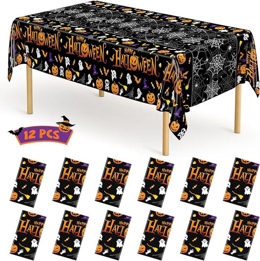 QZYL 12 Pack Halloween Plastic Tablecloth, 54" x 108" Pumpkin Decorations, Spider Webs Pumpkin Design Disposable Table Cloth Tablecover, Halloween Party Decor Dinnerware Indoor