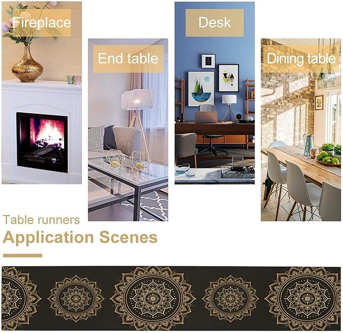 Golden Mandala Table Runner, Traditional Indian Gold Black Flower Vintage Luxury Bohemian Mandala Table Runner for Home Kitchen Dinning Table Indoor Outdoor Holiday, 13x36inch