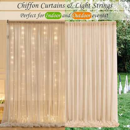 10ft x 7ft Champagne Chiffon Backdrop Curtain with Lights String for Parites Wedding Wrinkle Free Curtain Photo Backdrops Drapes for Baby Shower Birthday Party Home Decorations