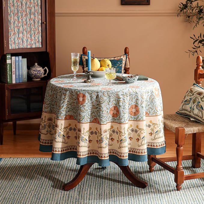 patdrea Designer French Linen Blue Round Table Cloth,Vintage Floral Tablecloth,Colorful Decoration Fall Table Cover Kitchen Dining for Tea Party,Thanksgiving,Christmas,Diameter 55"-Wensel