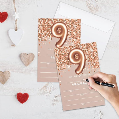 9th Birthday Invitation Cards, Rose Gold Glitter 9th Birthday Party Invites, Kids Happy Birthday Party Decorations Supplies, 20 Fill-in Cards with Envelopes for Boys or Girls Party Celebration - C01