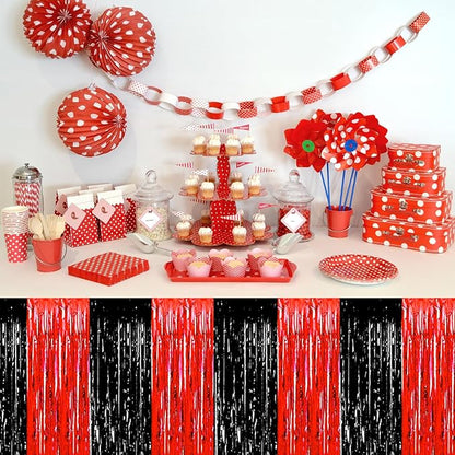 3 Pack 29 x108 Inch Black Red Foil Fringe Table Skirts Metallic Banner for Tinsel Streamer Garland Backdrop for Parade Floats Wedding Thanksgiving Birthday Christmas New Year Party Decoration